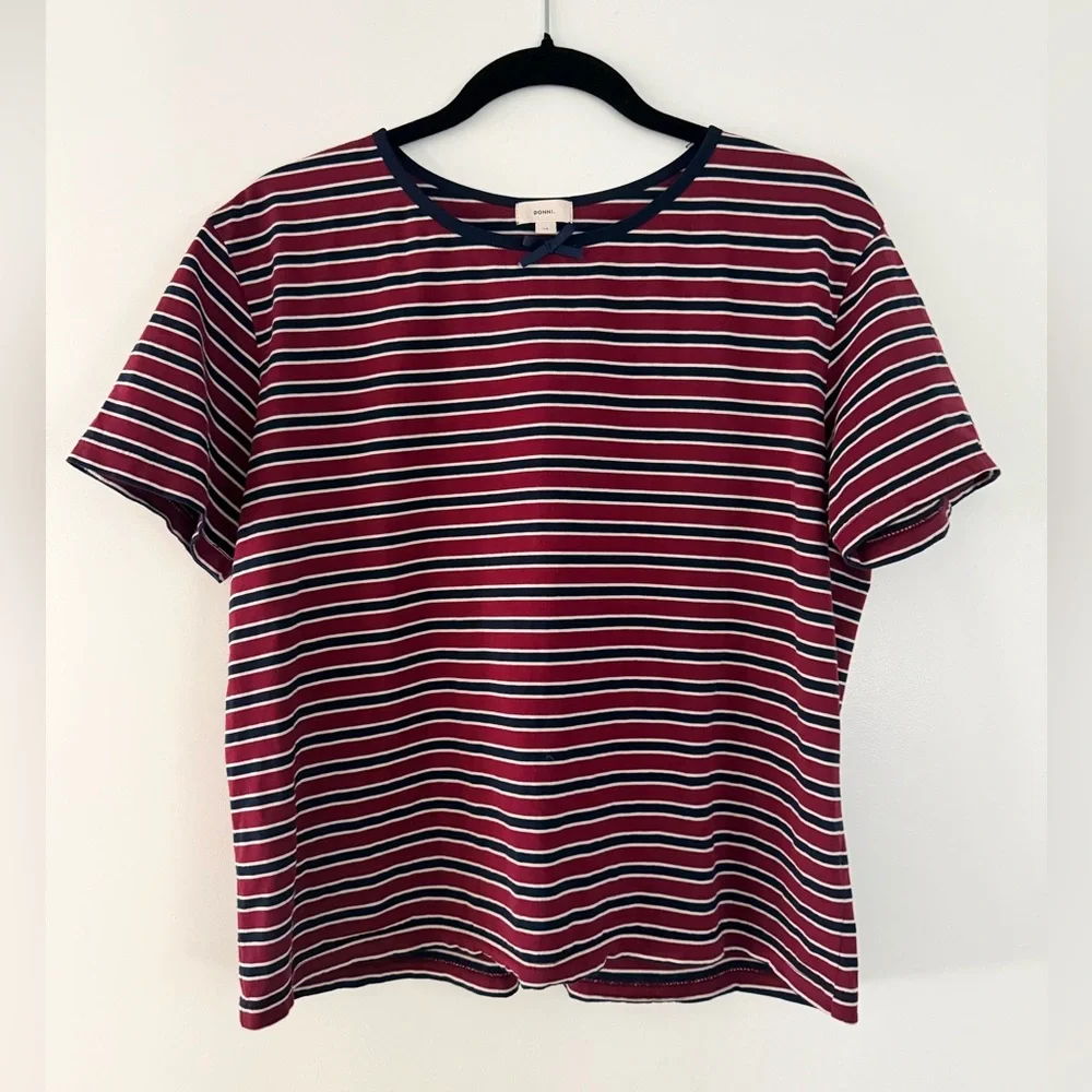DONNI. cotton model short sleeve tee navy burgundy red striped shirt size XS - Picture 2 of 6